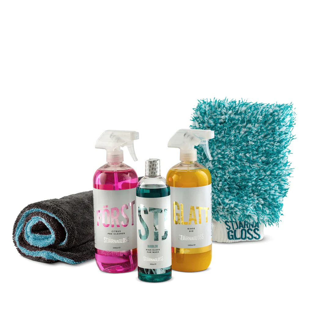 Stjarnagloss Gloss Wash Kit - Citrus Pre-Wash, Shampoo, Rinse Aid, Wash Mitt & Drying Towel